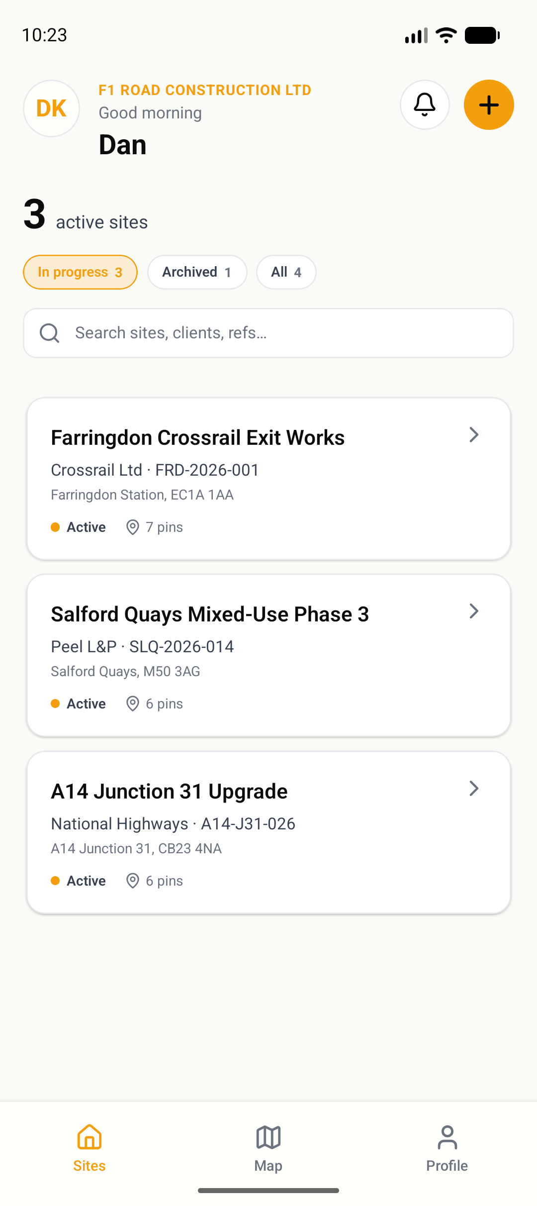 Sites list — your active construction sites