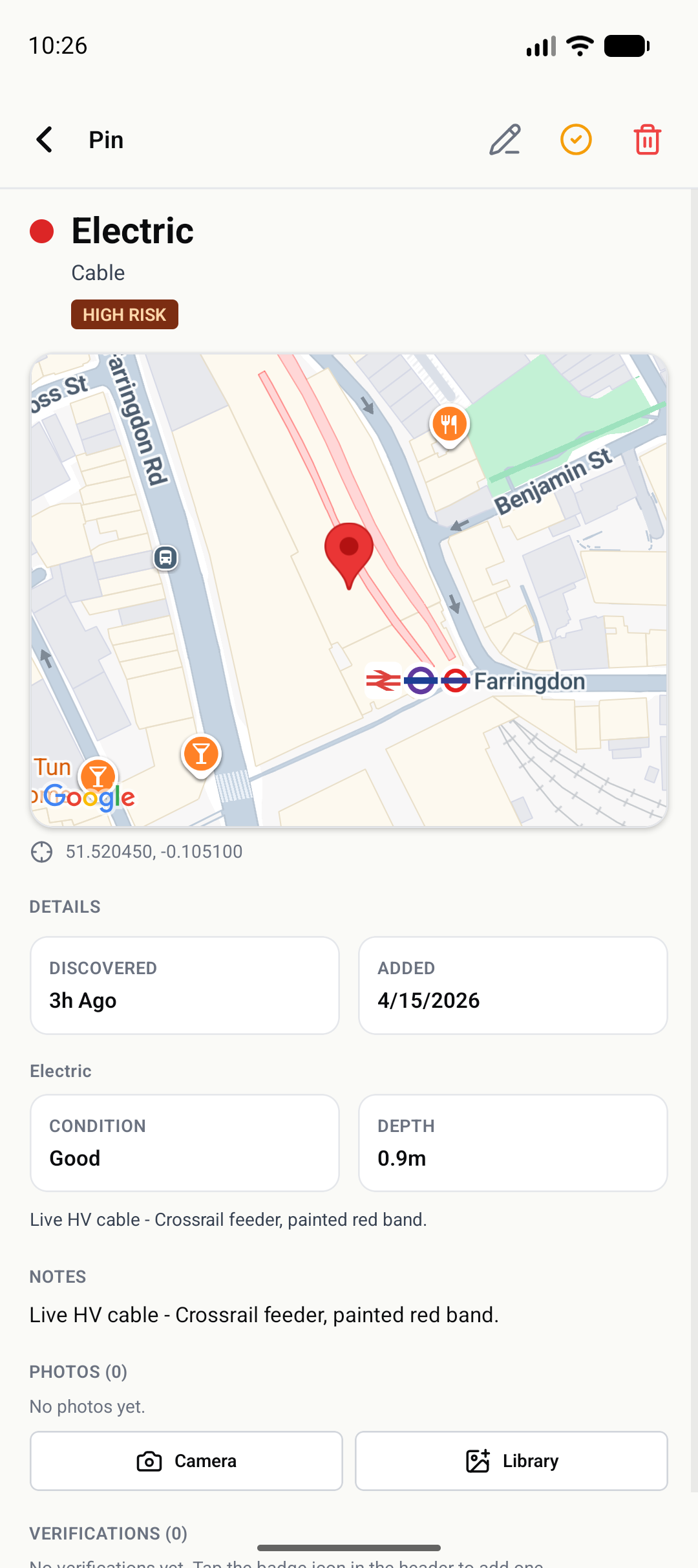 GroundPin app showing a pin detail view with utility type, depth, GPS and field notes