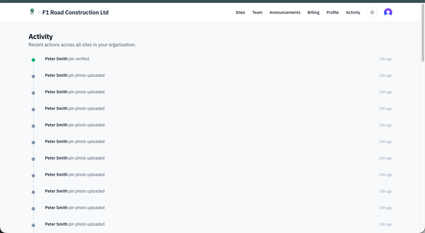 GroundPin activity feed showing recent pin verifications and uploaded evidence across the organisation